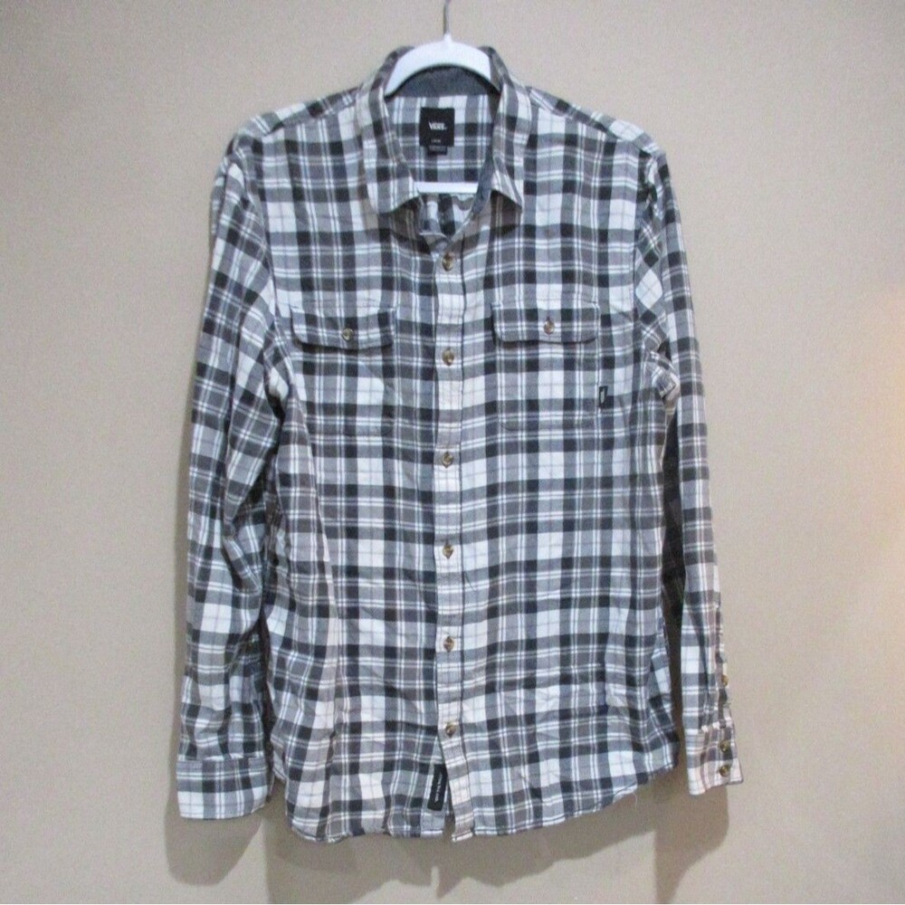 Vans Flannel Button Down Shirt Men Lg Black/White Long Sleeve Classic Fit